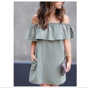 TopShop Olive Green Ruffled Off Shoulder Dress